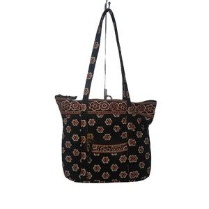 VERA BRADLEY PIROUETTE Retired 2010 Quilted Handbag Tote Black Orange Flowers